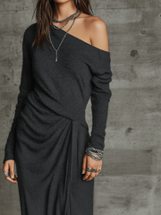 Dark Grey Asymmetrical With One-Shoulder Design Knit Midi Dress