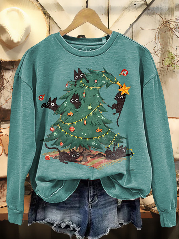 Women's Retro Christmas Art Print Casual Long Sleeve Crew Neck Sweatshirt