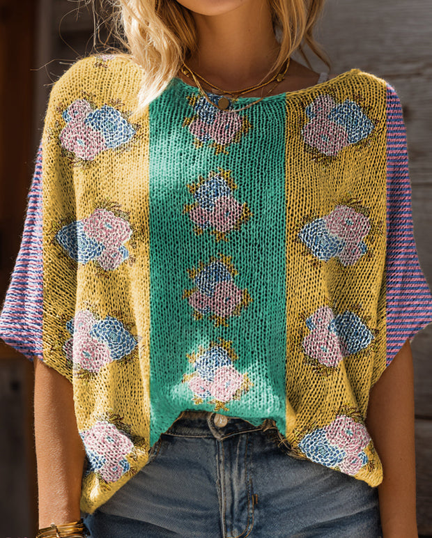 Women's Bohemian Floral Art Print Casual Short Sleeves Pullover Sweater