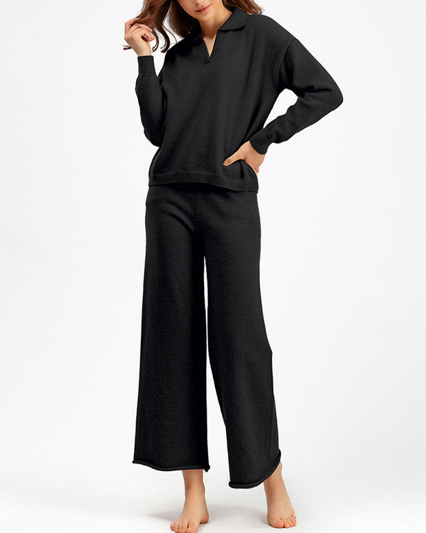 Polo collar sweater and wide-leg pants two-piece set