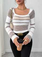 Contrast Square Neck Striped Sweater