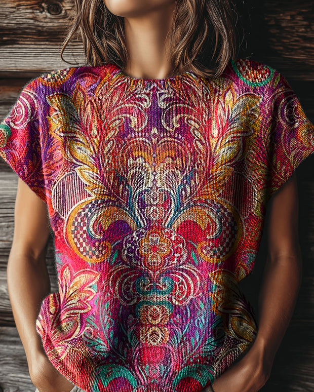 Women's Retro Ethnic Bohemian Floral Art Print Casual Crew Neck Short Sleeve Knitted Sweater