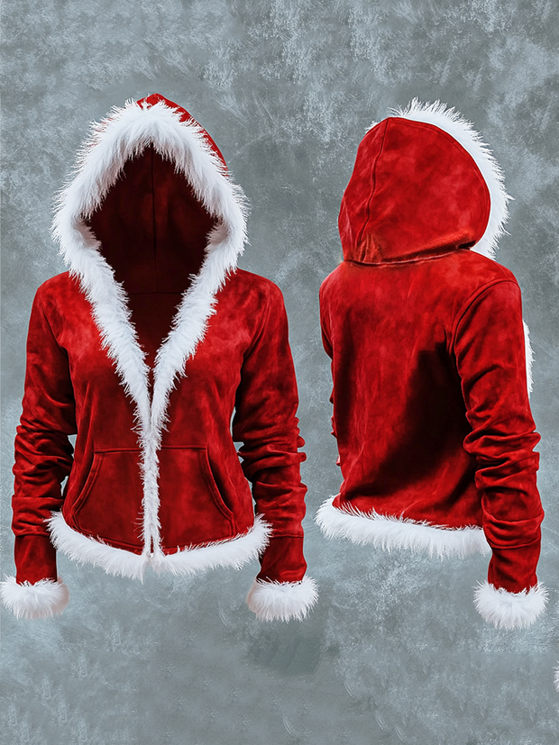 Furry Mrs. Santa Christmas Cropped Zip-Up Hoodie