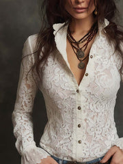 Retro Lace Ruffled Cuff Long-sleeved Blouse