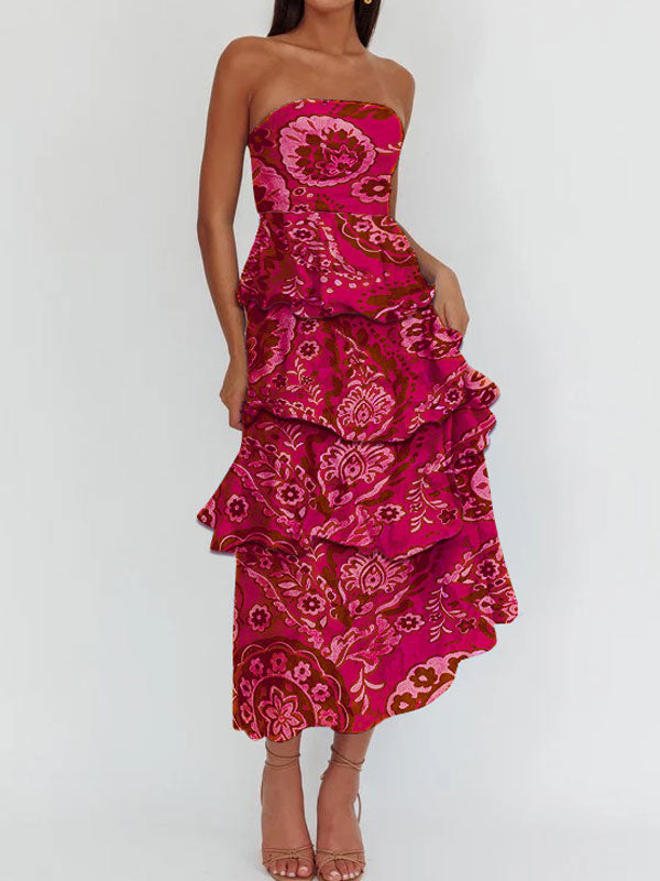 Strapless tiered printing maxi dress