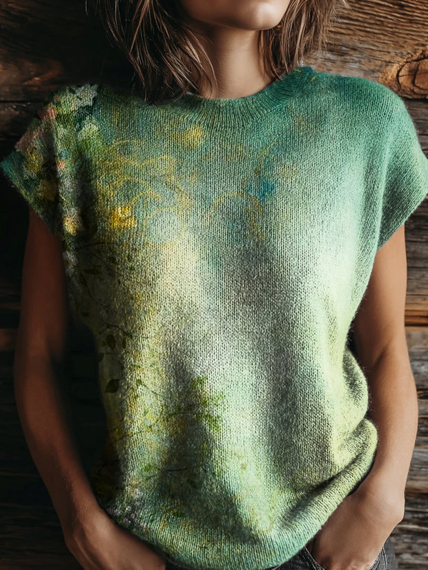 Women's Floral Tattoo Pattern Art Print Casual Crew Neck Short Sleeve Knit Sweater