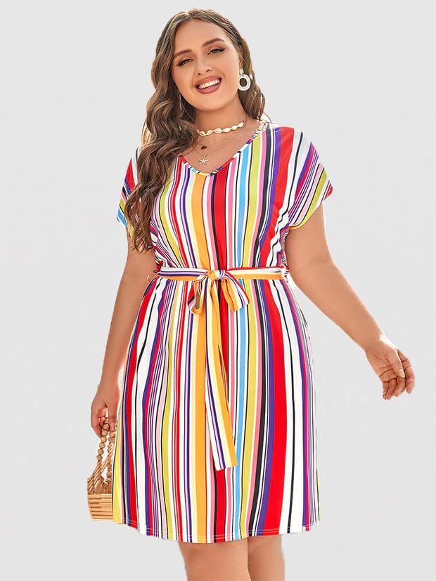 Plus Colorblock Striped Tie Dolman Sleeve Midi Dress