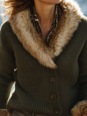 Olive Green Lapel Collar Eco Fur Trim Knit Jacket