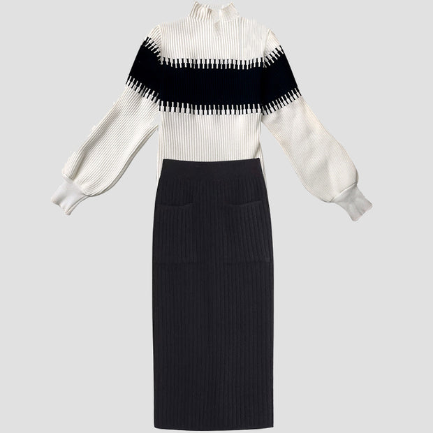 Chic Color Block Stand-up Collar Knit Sweater Two-piece