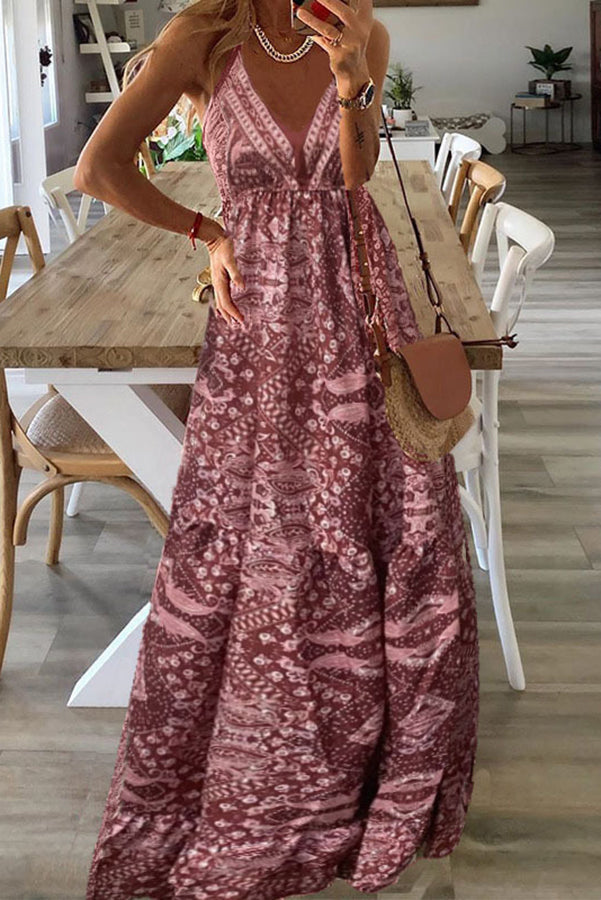 Celeste Boho Printed Strap Elastic Waist Maxi Dresses