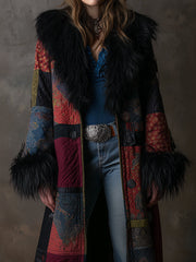 Detachable Fur Collar Vintage Print Quilted Midi Coat