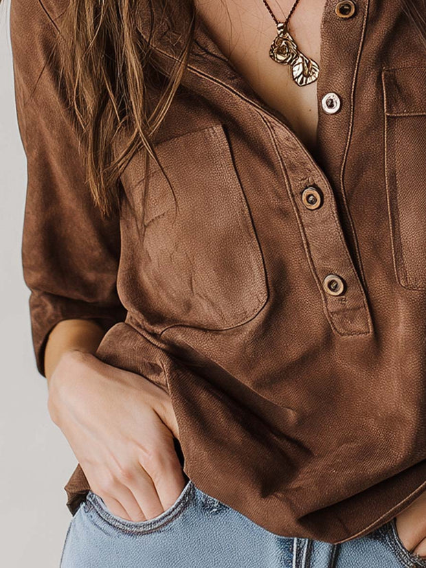 Maroon Micro-suede Pocket Henley Shirt