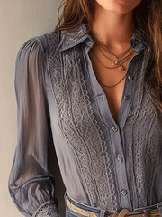 Textured Pleated Sleeve Sheer Chiffon Shirt
