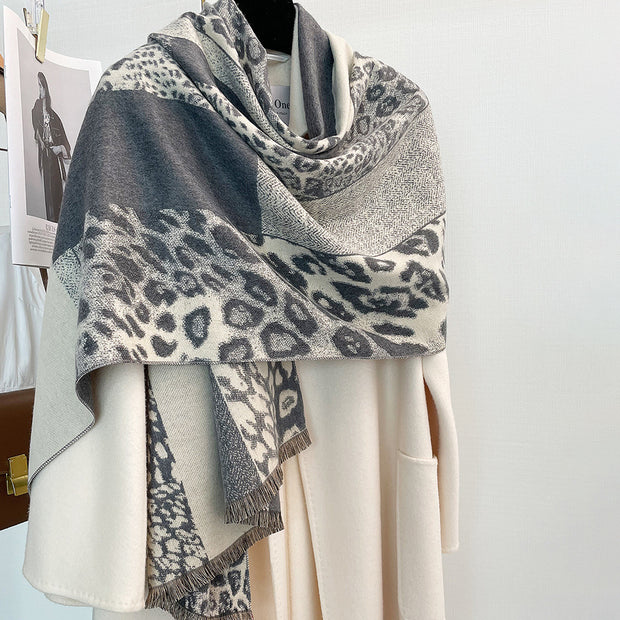 Colorblock Leopard Print Thick Warm Temperament Shawl Scarf