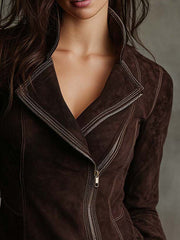 Chocolate Brown Eco-Suede Moto Jacket