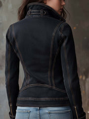 Vintage Washed Denim Moto Jacket – Charcoal Edge