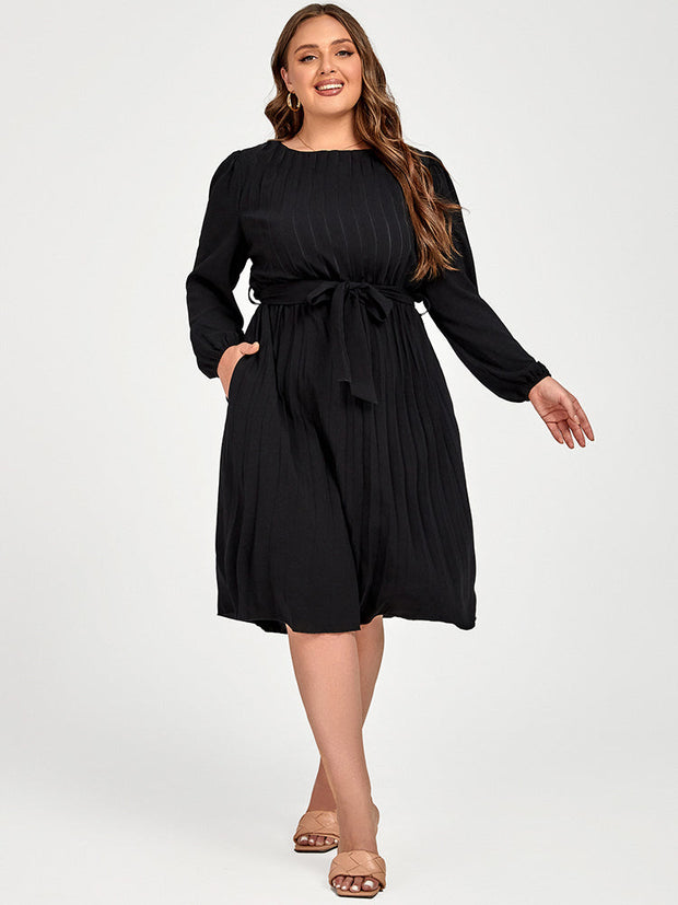 Plus Black Pleated Pocket Solid Tie Midi Dress