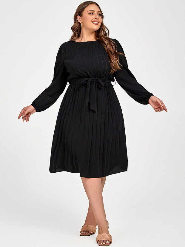 Plus Black Pleated Pocket Solid Tie Midi Dress