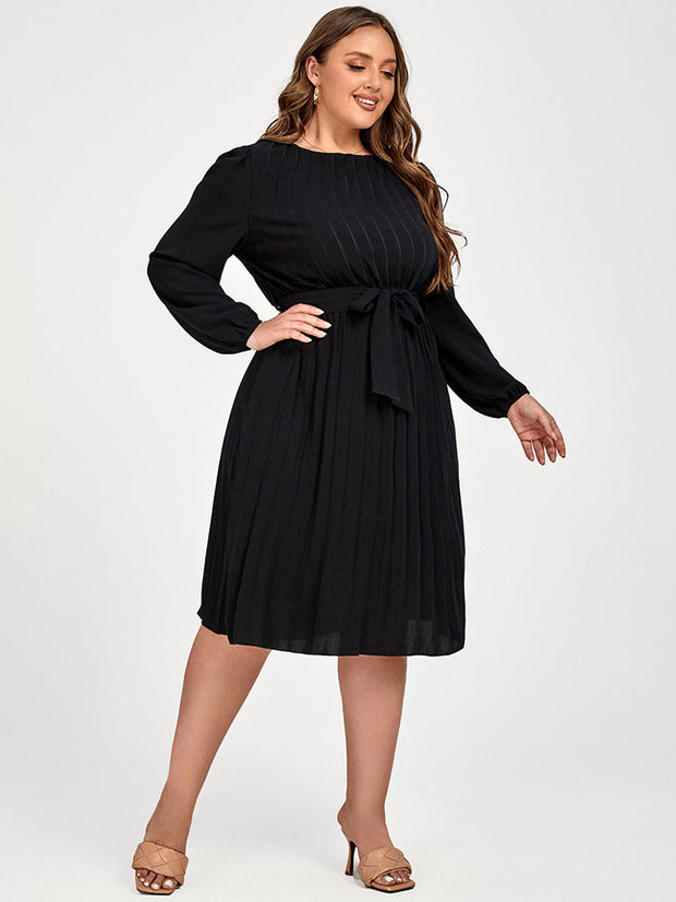 Plus Black Pleated Pocket Solid Tie Midi Dress