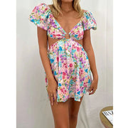 Cutout Colorful Flower Print Mini Dress