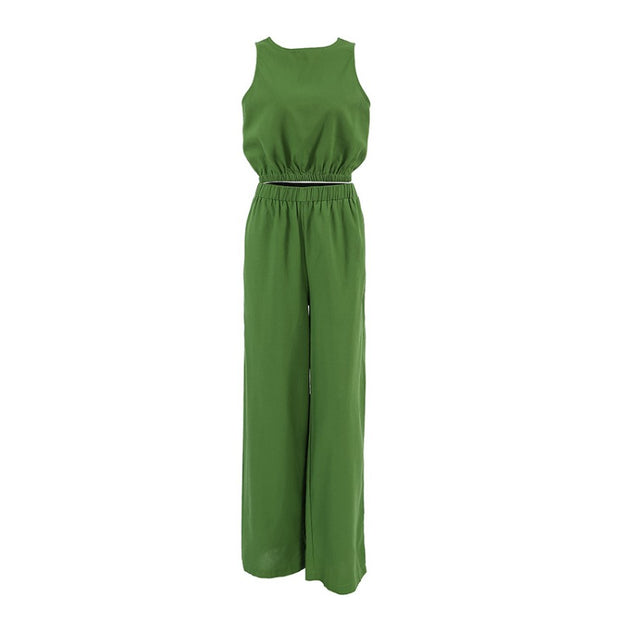 Casual Solid Color Sleeveless Top and Wide Leg Pants Set