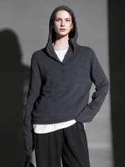 Henry Neck Half-Placket Wool Knit Hoodie – Vintage Relaxed Pullover Sweater for Women, Elegant Commuter Style