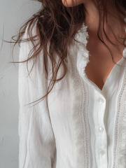 Vintage Lace Trim Long Sleeve Cotton Blouse