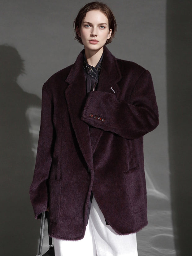 Luxury Suri Baby Alpaca Wool Coat for Women – Tailored Blazer Collar Winter Jacket, Elegant Wool & Fur-Blend Outerwear