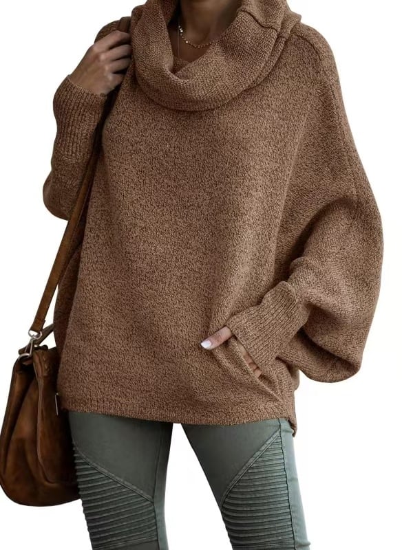 2024 Fall sale!!🍁Cowl Neck Batwing Sleeve Pullover Sweater with Pockets