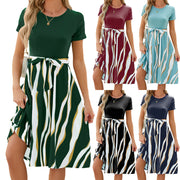 Women Round Neck Patchwork Stripe Lace Up Short Sleeve Summer Dresses