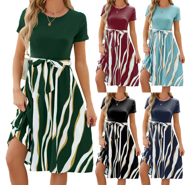 Women Round Neck Patchwork Stripe Lace Up Short Sleeve Summer Dresses