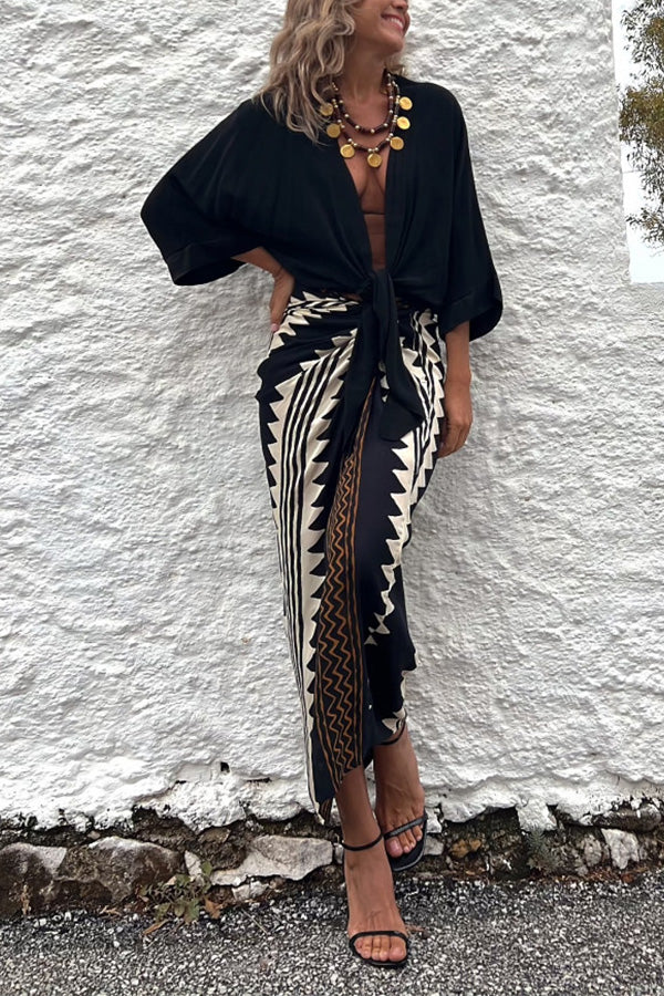 Astra Ethnic Print High Waist Ruched Wrap Maxi Skirt