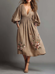 Bohemian Embroidered Linen Midi Dress With Puff Sleeves