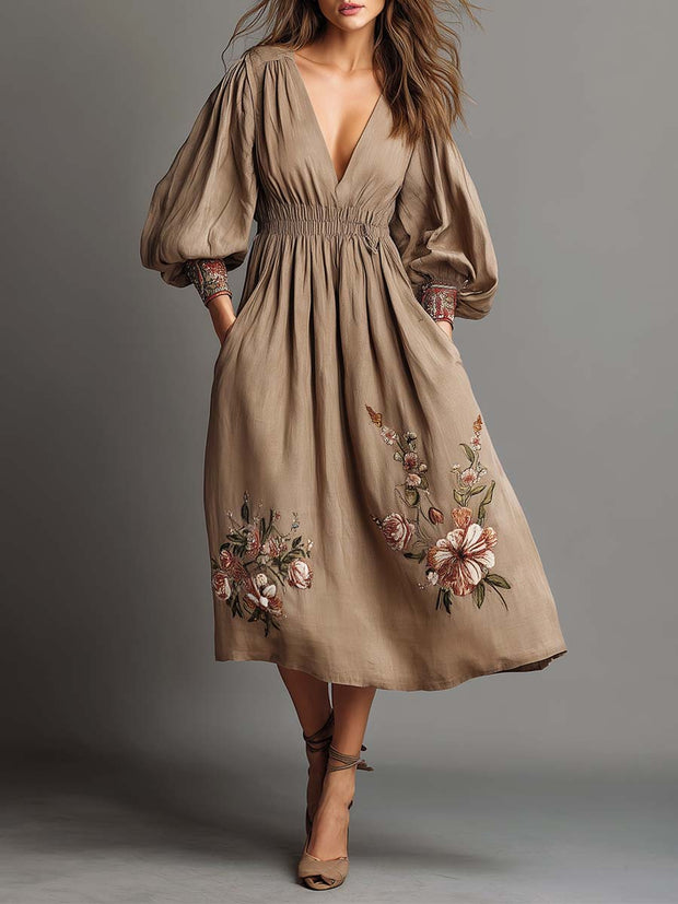 Bohemian Embroidered Linen Midi Dress With Puff Sleeves