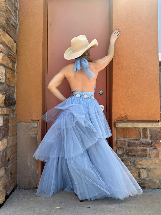 Blue Halter Maxi Tulle Dress