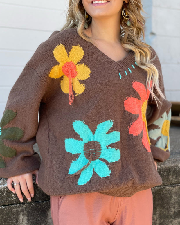 V-Neck Oversized Floral Sweater in Charcoal