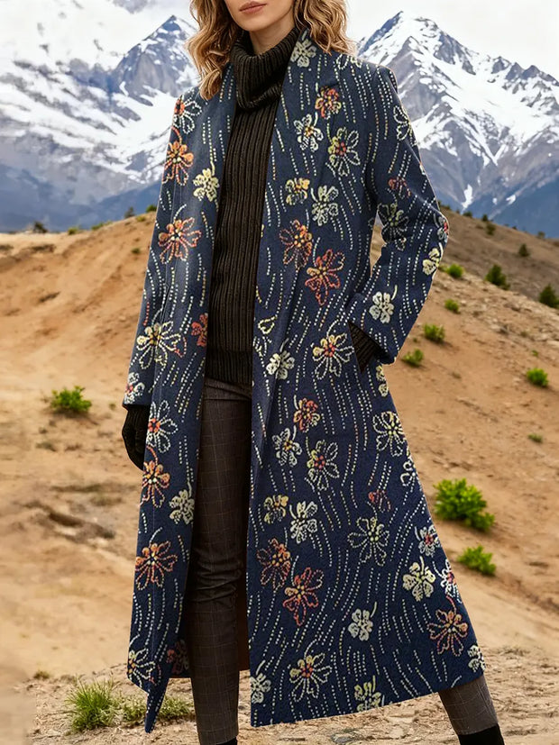 Women's Retro Floral Art Print High Quality Casual Wool Coat
