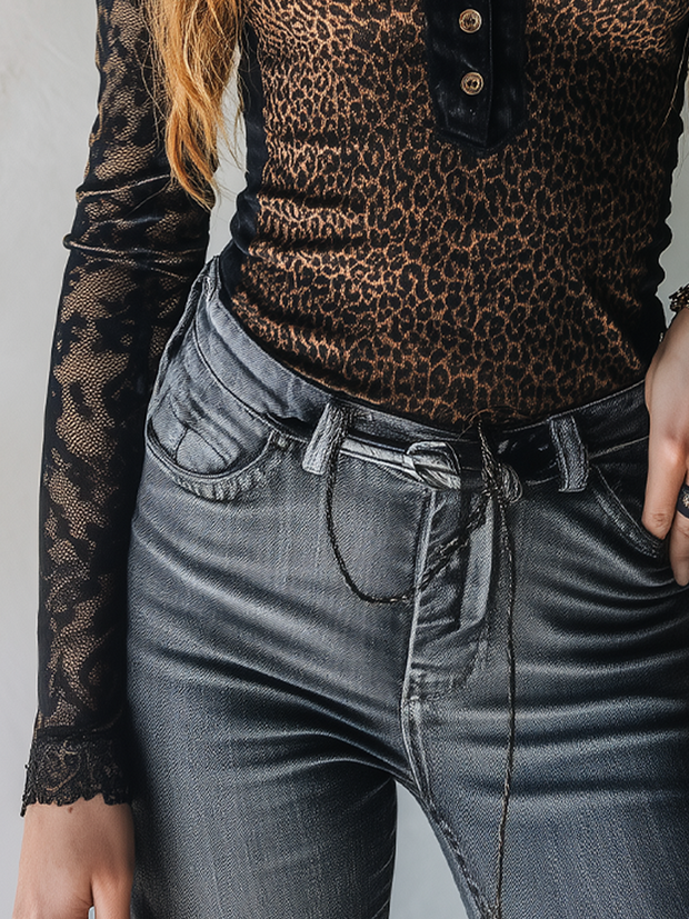 Vintage Leopard Print Henley Collar Lace Long Sleeve Blouse