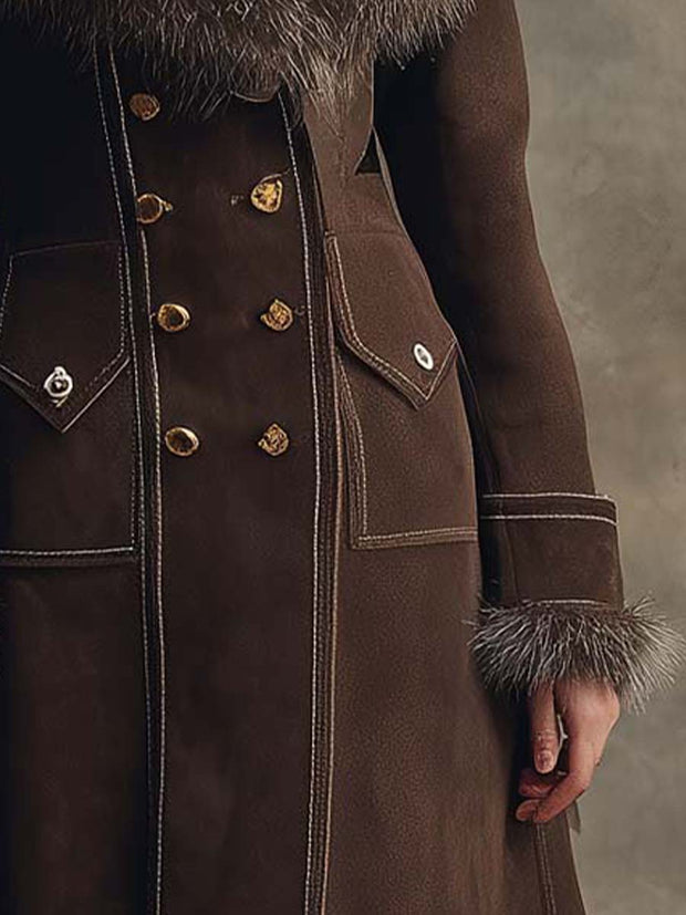Vintage Brown Eco-Suede Double-Breasted Coat With Faux Fur Collar
