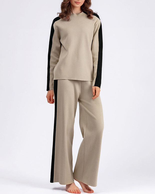 Half-turtleneck sweater and cropped pants two-piece set