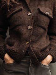 Brown Wool Blend Button-Up Knit Sweater Jacket With Front Pockets