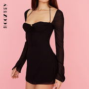 Elegant White Hollow Out Halter Dresses For Women 2022 Sexy Chiffon Solid Long Sleeve Mesh Mini Dress Club Party Clothes