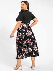 Plus Floral Patchwork Round Neck Pocket Midi Dress