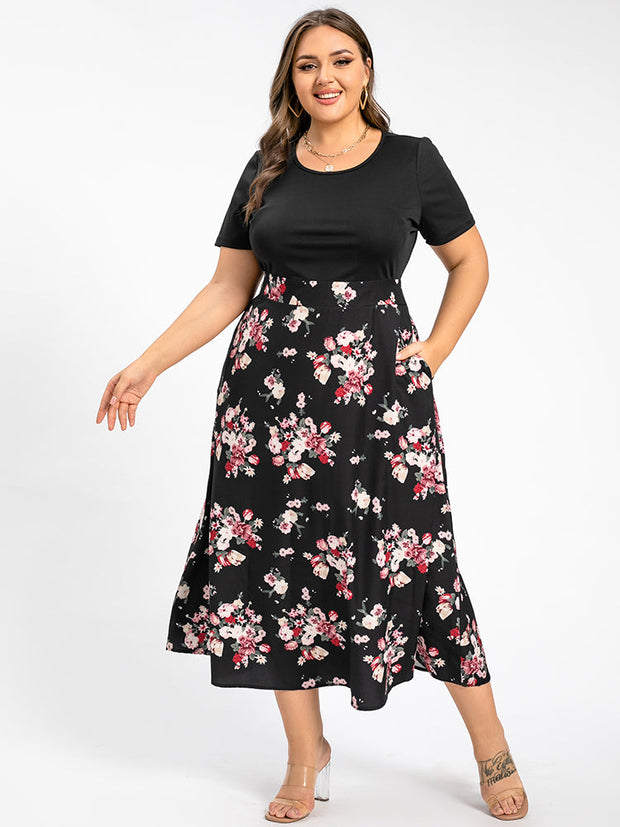 Plus Floral Patchwork Round Neck Pocket Midi Dress