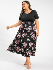 Plus Floral Patchwork Round Neck Pocket Midi Dress