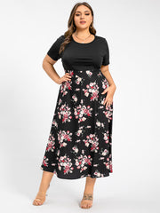 Plus Floral Patchwork Round Neck Pocket Midi Dress