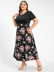 Plus Floral Patchwork Round Neck Pocket Midi Dress