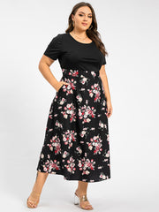 Plus Floral Patchwork Round Neck Pocket Midi Dress