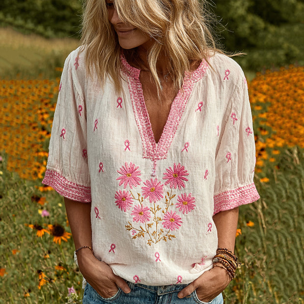 Women's Breast Cancer Awareness Daisy Flower Small V Neck Shirt