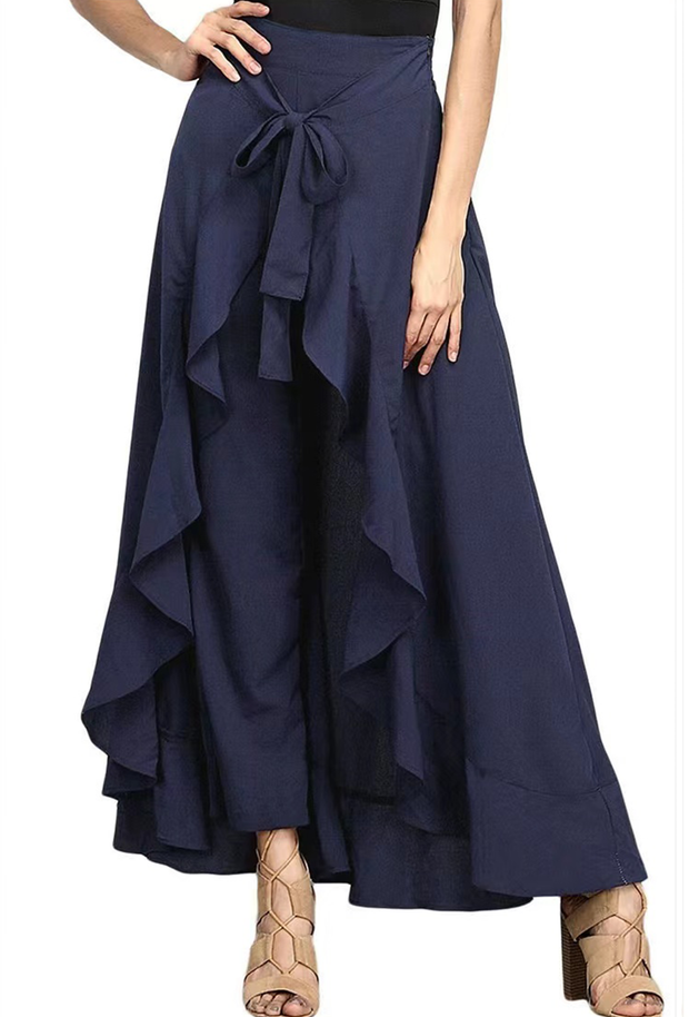 Elegant Grey Waist Spliced Ruffle Hem Straight Leg Skirt